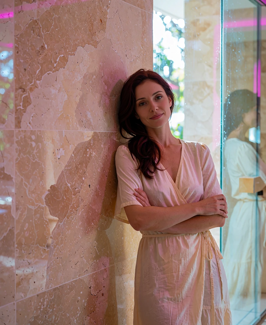 Woman with dark auburn hair in a cream wrap dress standing in a Phoenix spa resort corridor