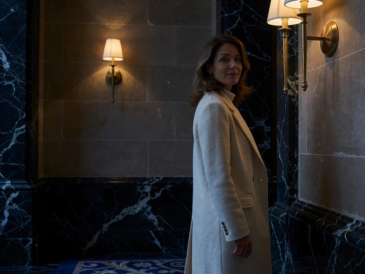 Woman in a tailored ivory coat glancing over her shoulder in a dim marble hotel lobby, embodying discreet online dating