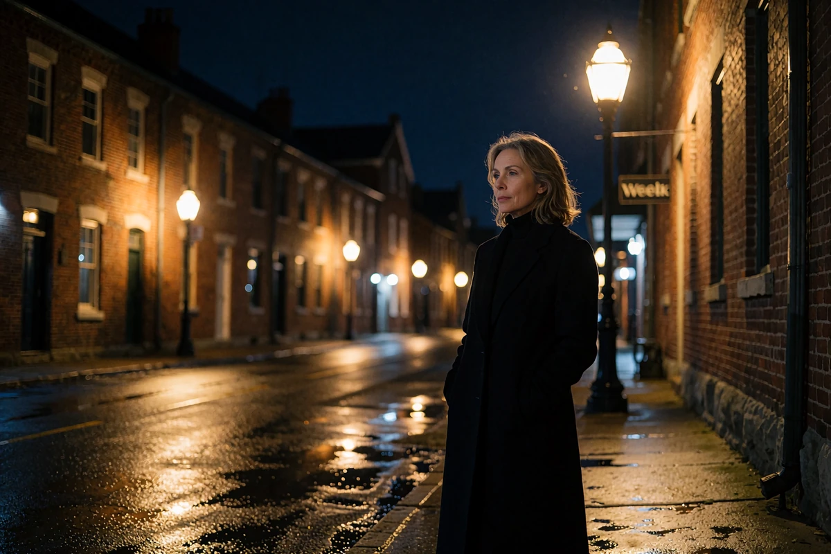 Elegant woman in a long black coat standing beneath a streetlamp on a quiet arts-district corner in Columbus at night