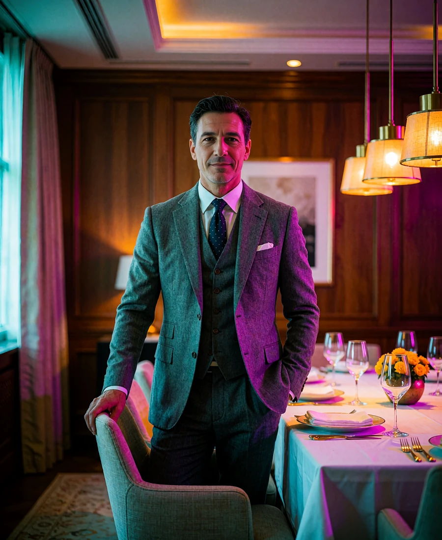 Man in a grey three-piece suit standing beside a table in a private Chicago dining room