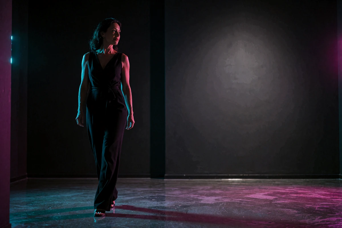 Woman in a sleek black jumpsuit walking through a dimly lit modern gallery space at night