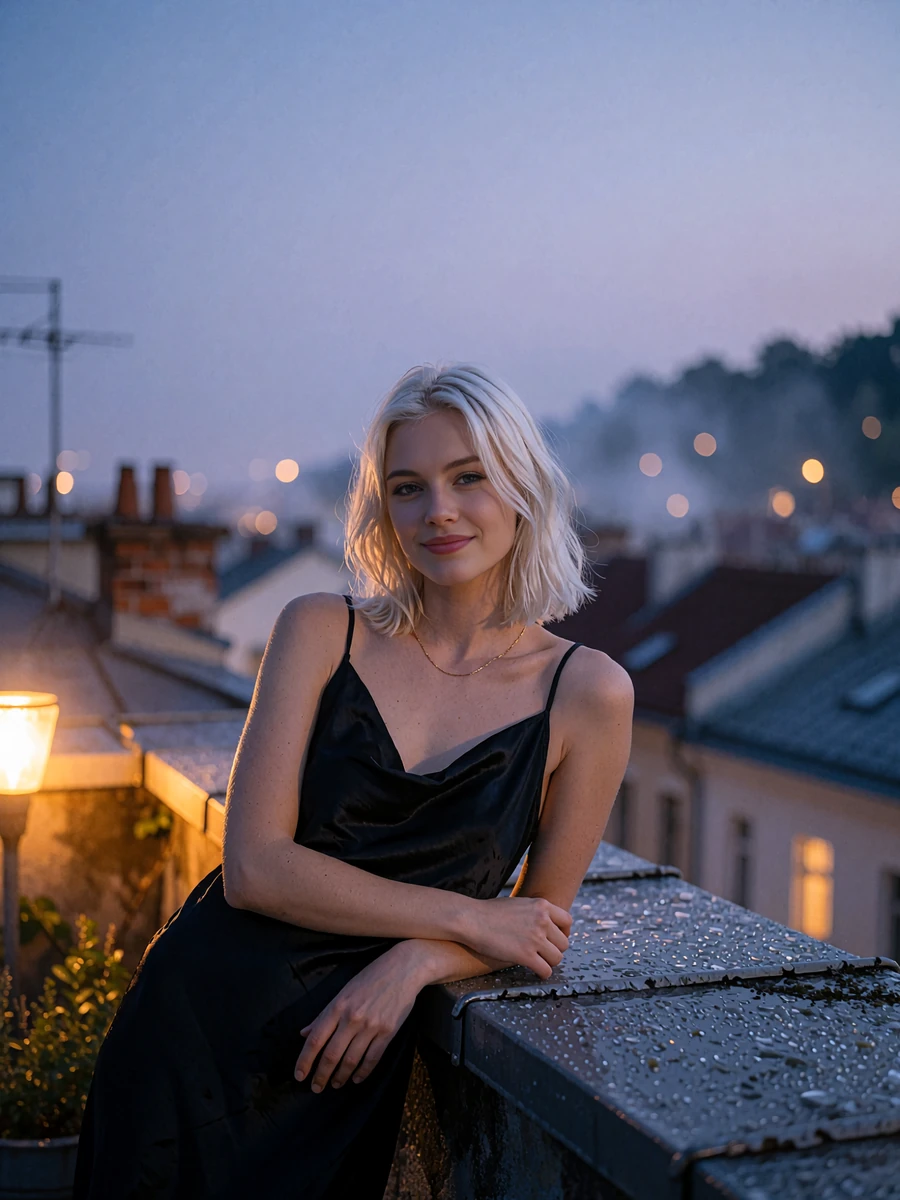 Woman with platinum-blonde hair in a black silk slip dress leaning against a rooftop parapet at dusk