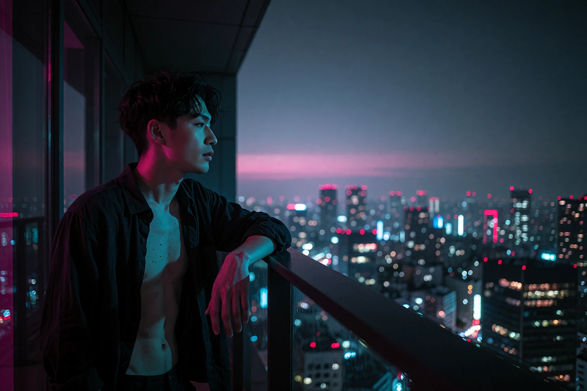 Young man in a dark open shirt leaning on a high balcony railing overlooking a city skyline at blue hour