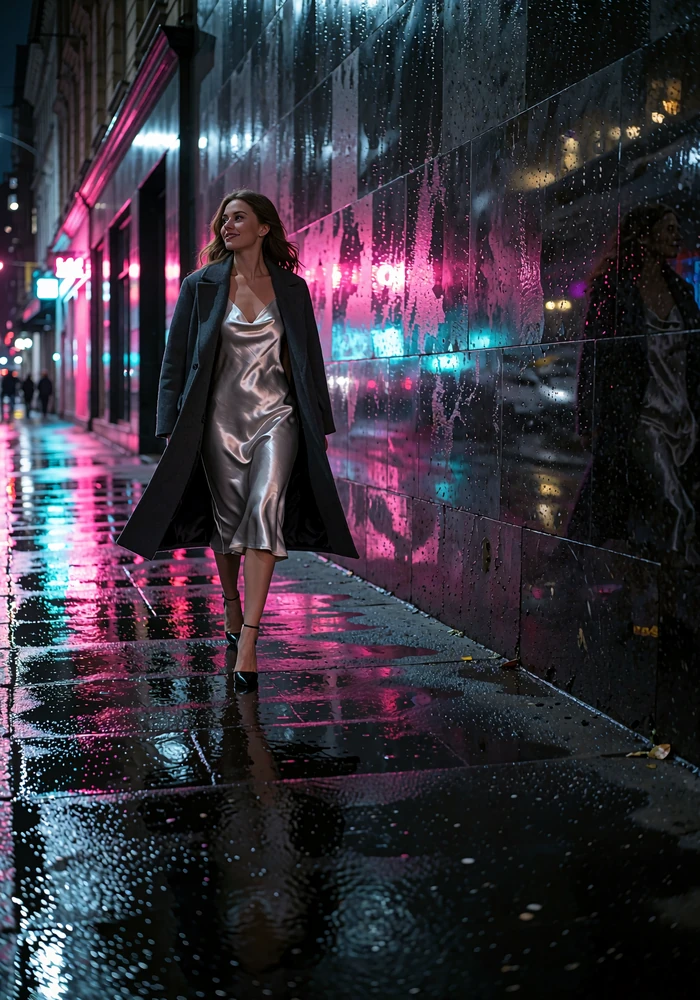 Young woman in a shimmering slip dress walking a rain-wet neon city sidewalk at night