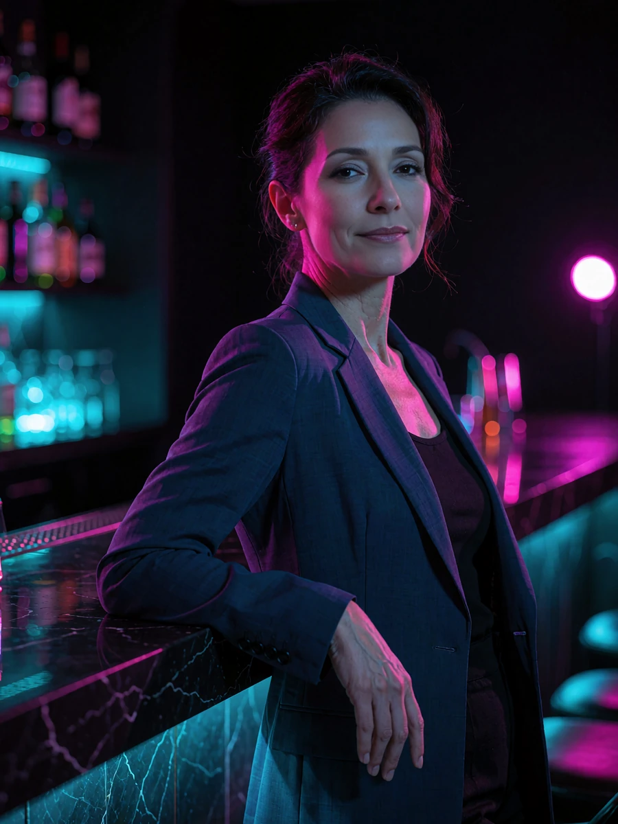 Woman in her late forties in a structured navy blazer leaning on a hotel bar counter with soft cyan under-shelf light