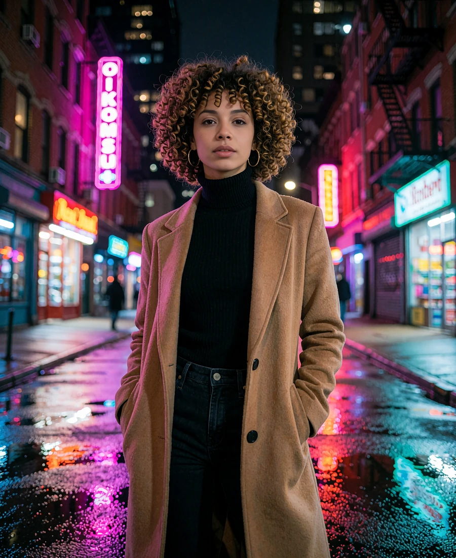 Woman in a black turtleneck and camel coat standing on a quiet street in the RiNo art district of Denver at night