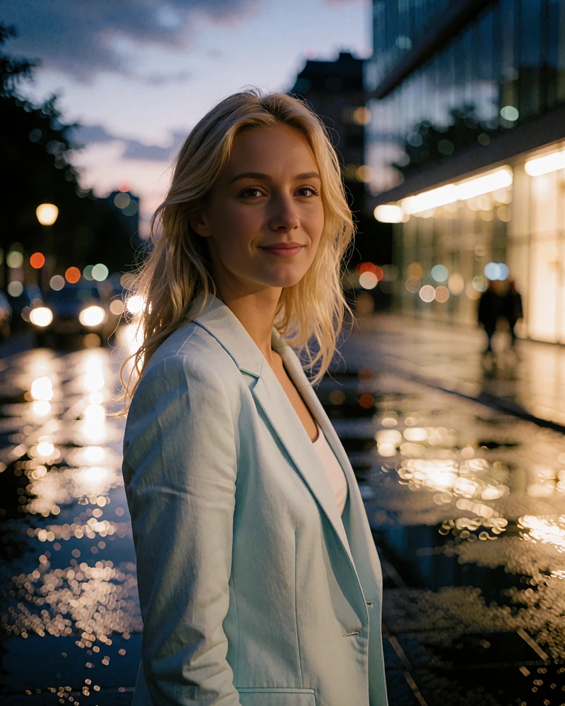 Blonde woman in a pale blue blazer walking a quiet Museum District street in Houston at dusk