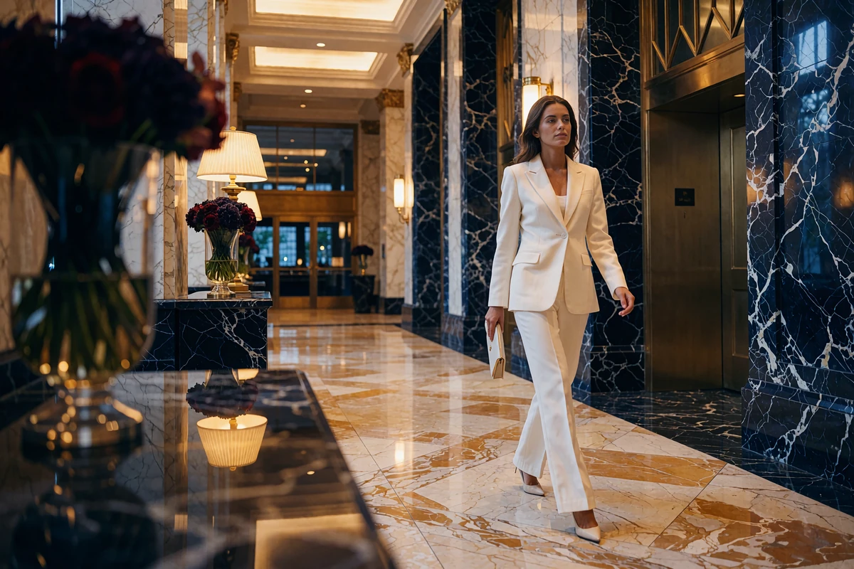 Elegant woman in a cream trouser suit walking through a marble hotel lobby in Atlanta