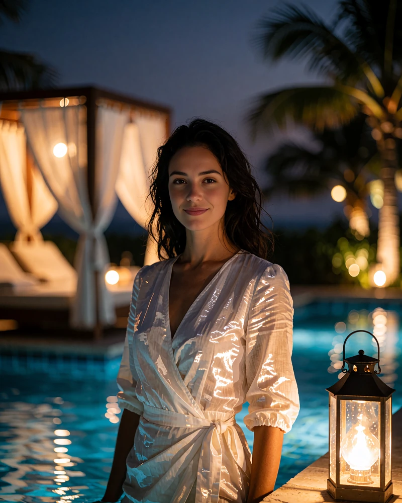 Dark-haired woman in a white wrap dress smiling beside a resort pool cabana at dusk in Orlando