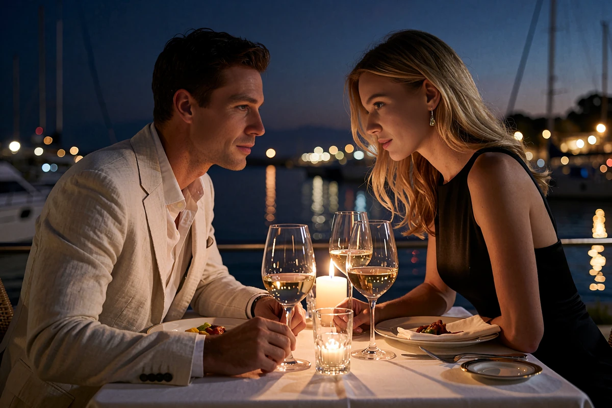 Couple dining at a candlelit waterfront terrace table in Tampa after sunset with harbor lights in the background