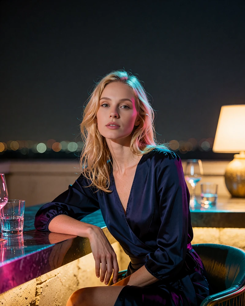Blonde woman in a midnight-blue wrap dress seated at a rooftop bar counter in New York City