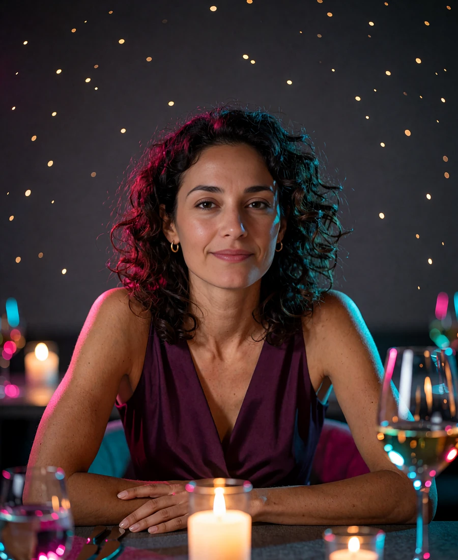 Woman with dark curls seated at a candlelit restaurant table in Orlando