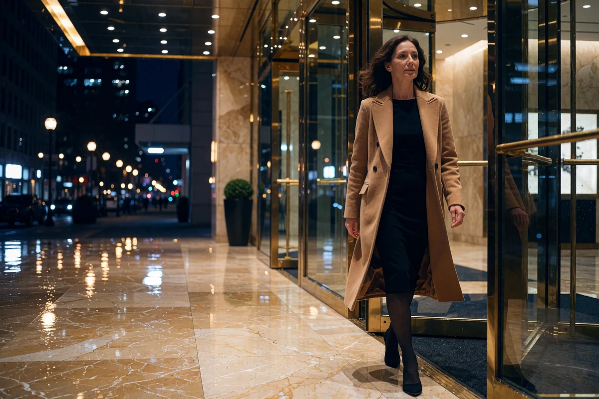 Elegant woman in a camel coat arriving through the glass entrance of a luxury downtown Dallas hotel at night