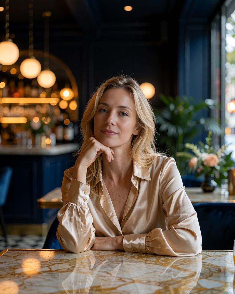 Blonde woman in a champagne satin blouse seated at a marble table in an upscale Tampa bistro