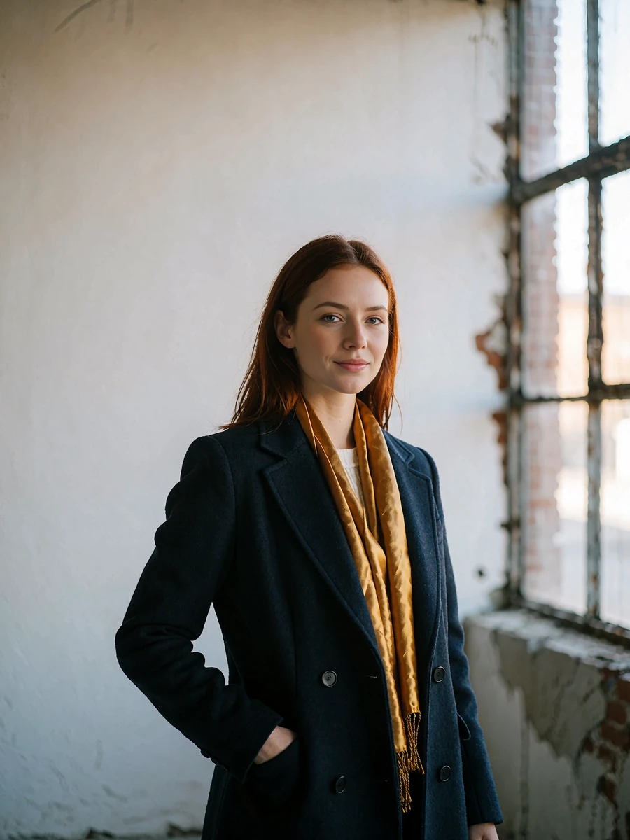 Young woman with straight auburn hair in a tailored slate coat standing inside a converted warehouse art gallery in the Pearl District