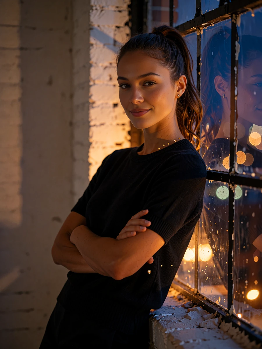 Young woman with a high ponytail leaning against a loft window at dusk in Atlanta