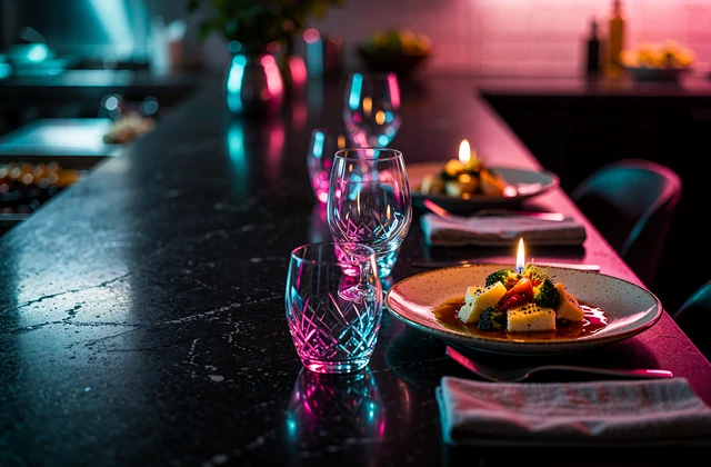 Candlelit chef's table set for two with crystal glassware at a dark restaurant counter