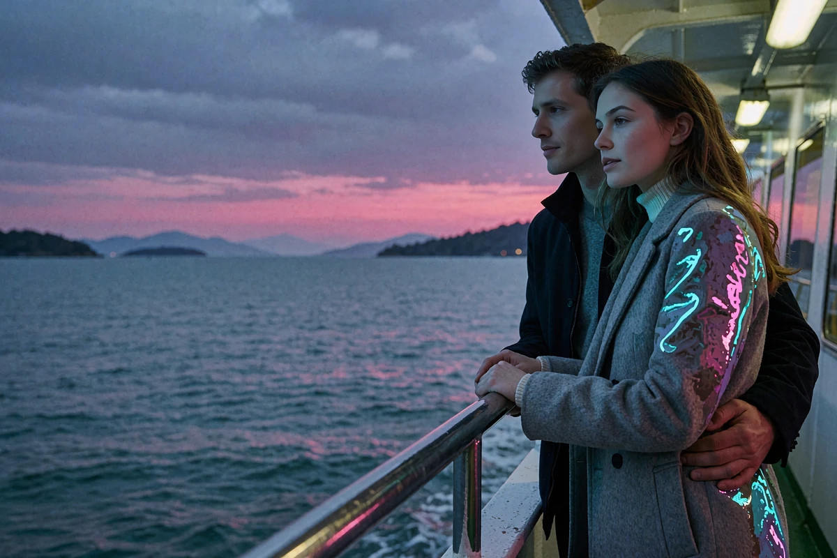 Couple standing at the open rail of a passenger ferry at dusk over Puget Sound with island silhouettes in the distance