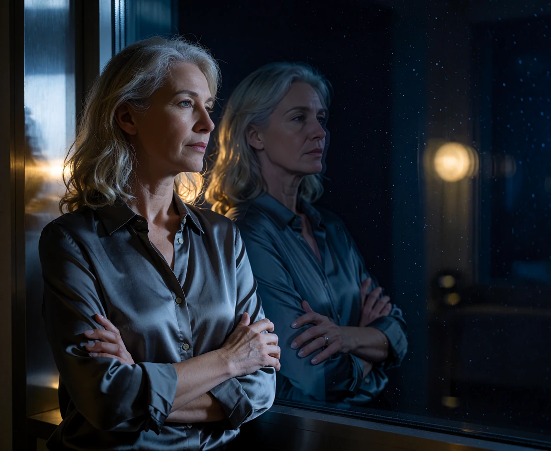 Elegant woman reflected in a dark nighttime window, considering the risks of a digital currency allowance
