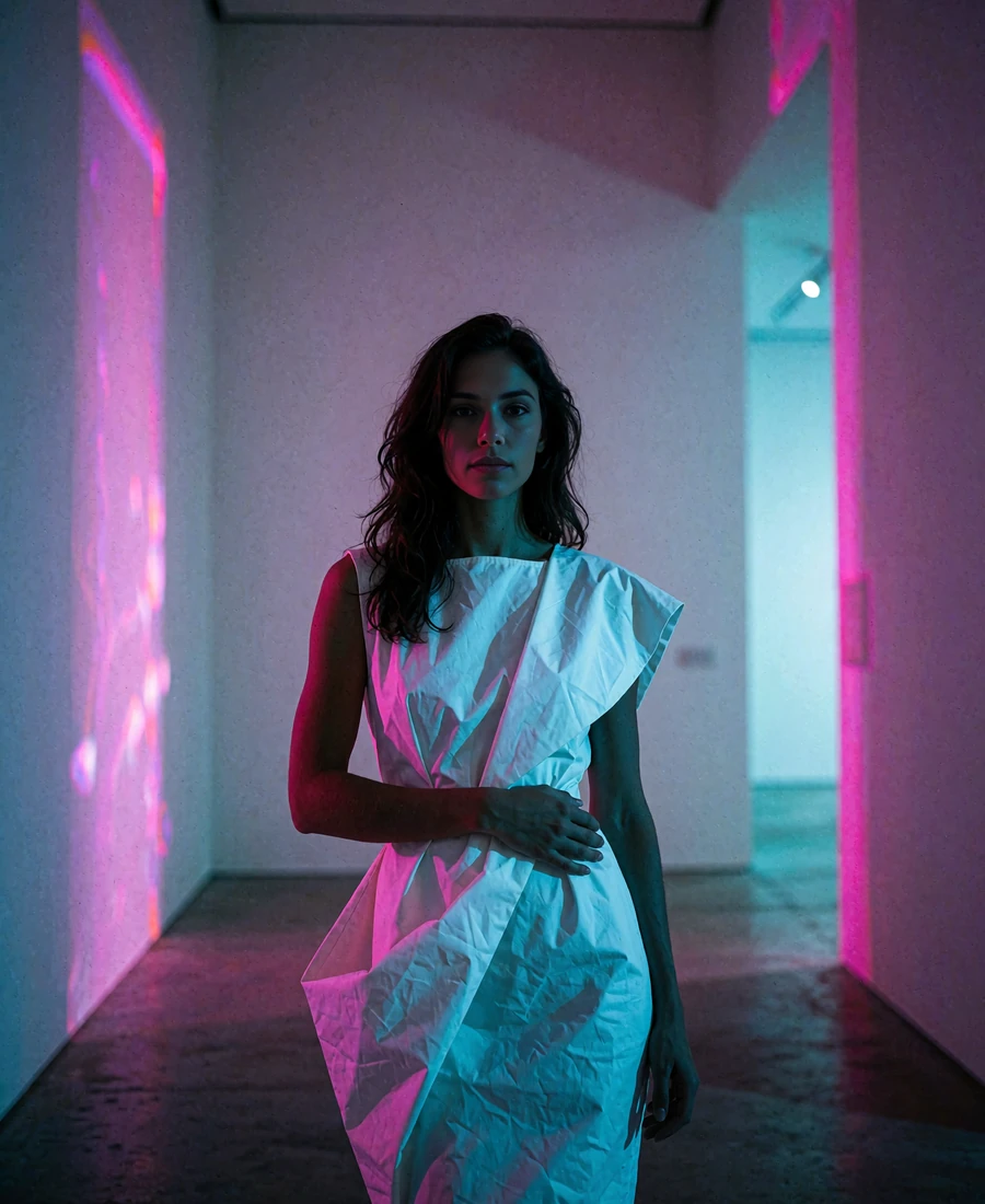 Woman with long dark waves in a sculptural white dress standing in a modern art gallery interior