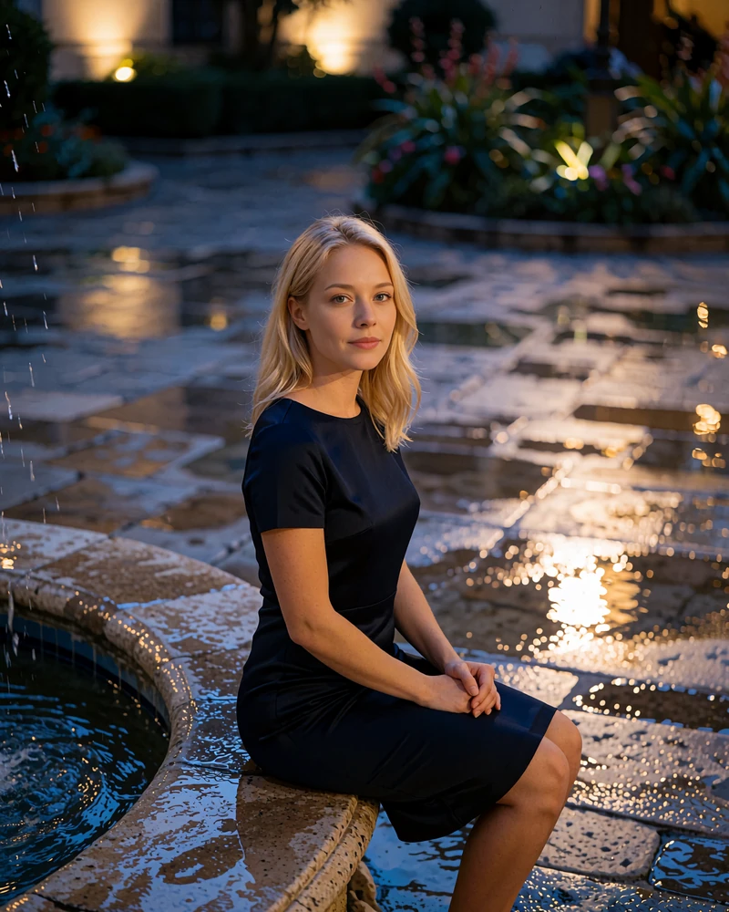 Blonde woman in a navy dress seated at a stone courtyard fountain in San Antonio at dusk