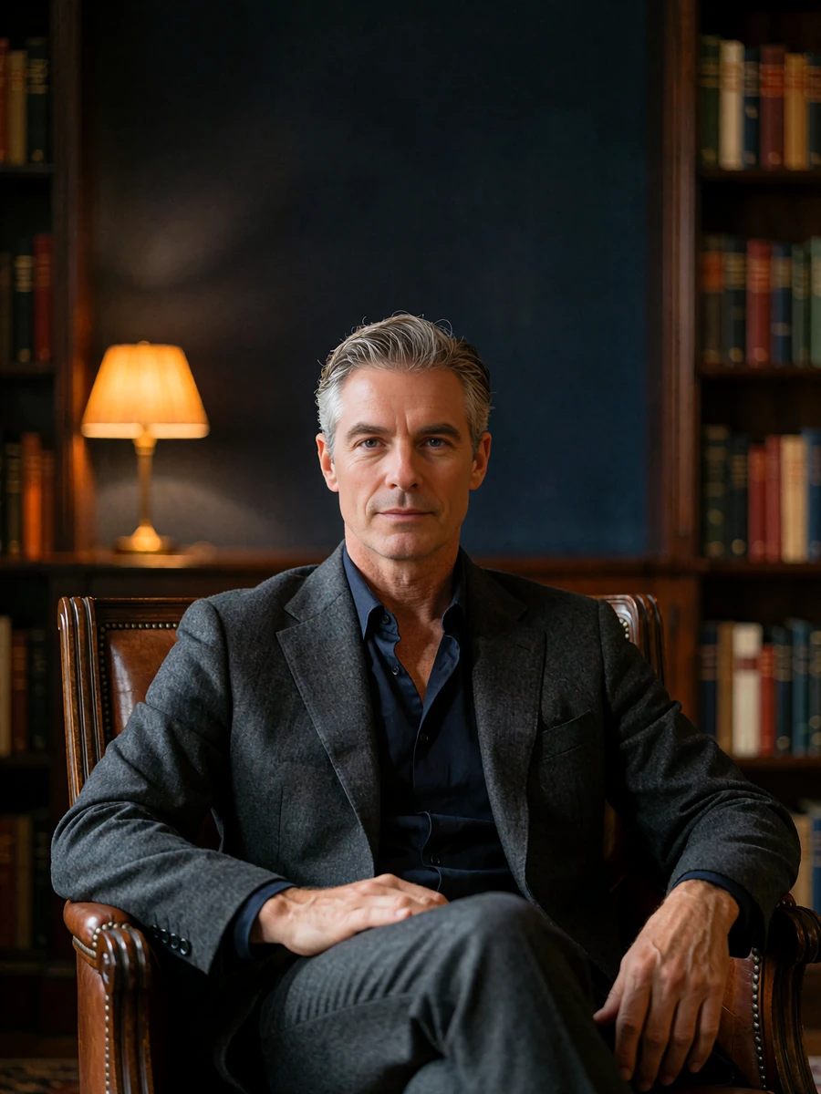 Distinguished man in his late forties seated in a leather club chair in a quiet hotel library