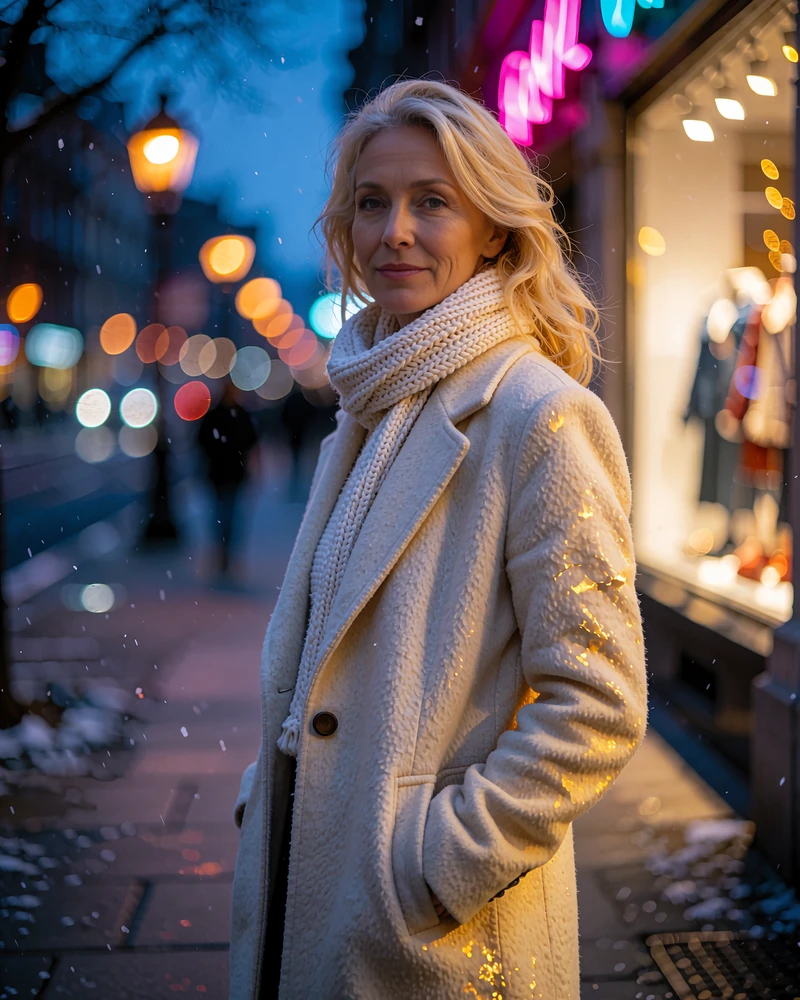 Blonde woman in a cream wool coat standing on a Chicago sidewalk in the evening with warm street light behind her