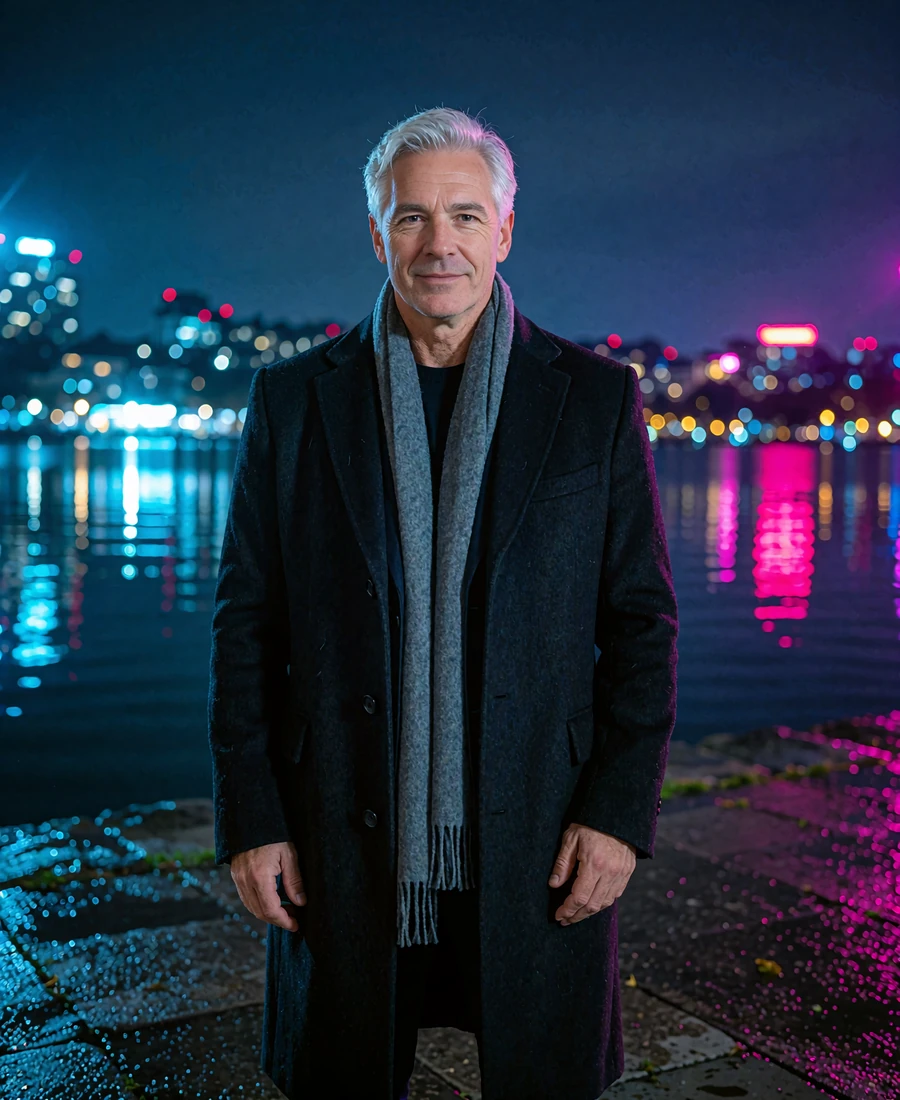 Silver-haired man in a dark overcoat walking along the Chicago lakefront at night