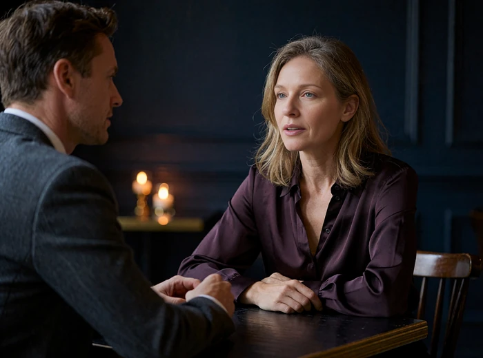 Woman and man having a calm conversation across a dark dinner table about clear arrangement terms