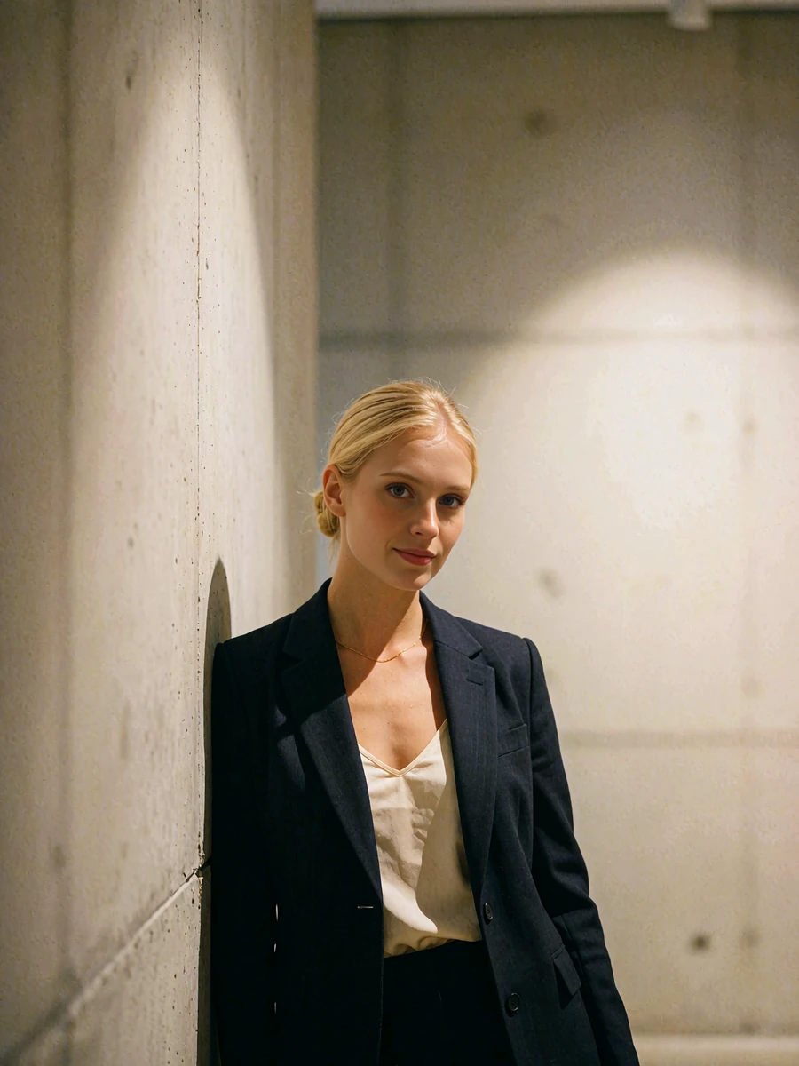 Blonde woman in a tailored charcoal blazer standing in a modern Atlanta gallery corridor