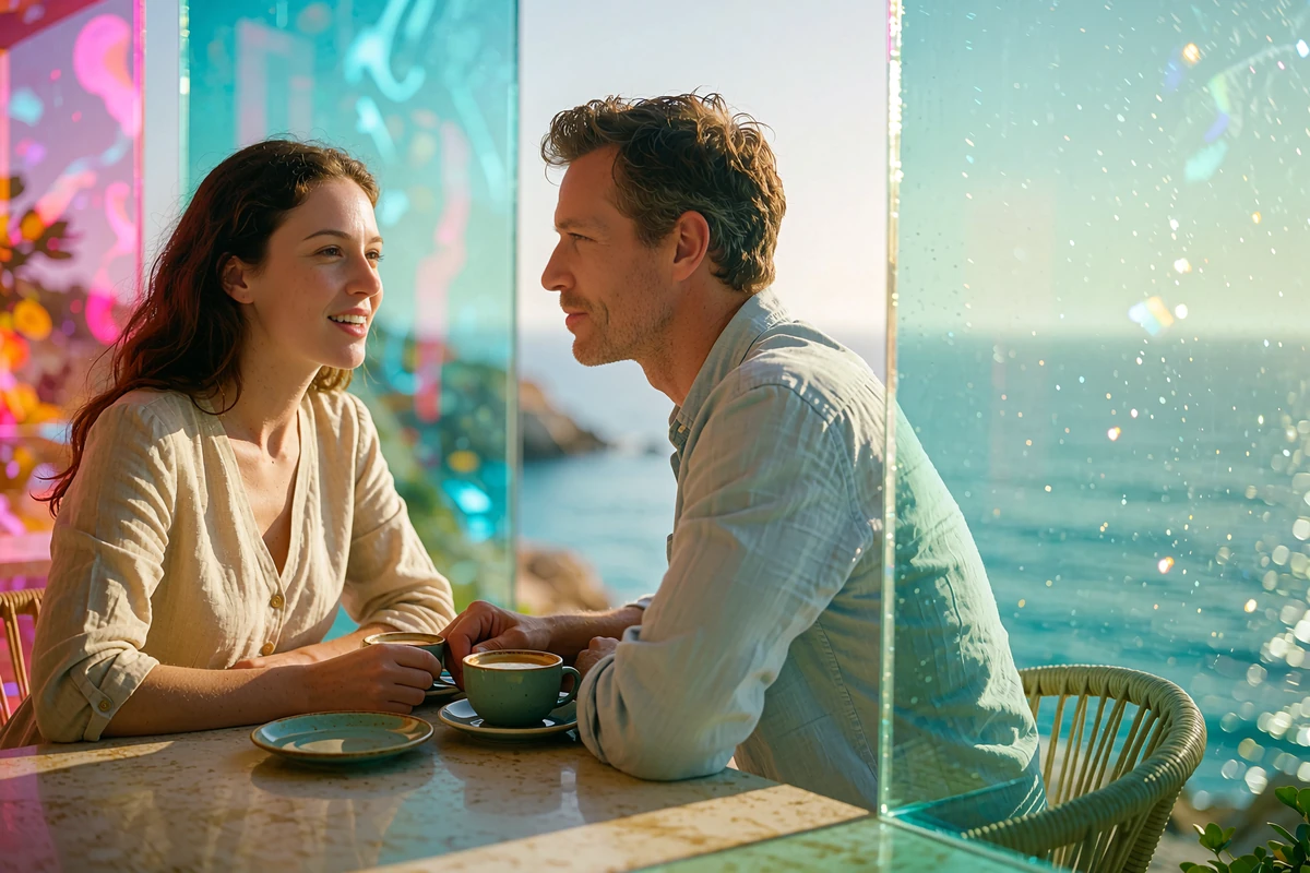 Couple sitting at an open-air terrace table above a coastal cove in La Jolla with coffee cups between them
