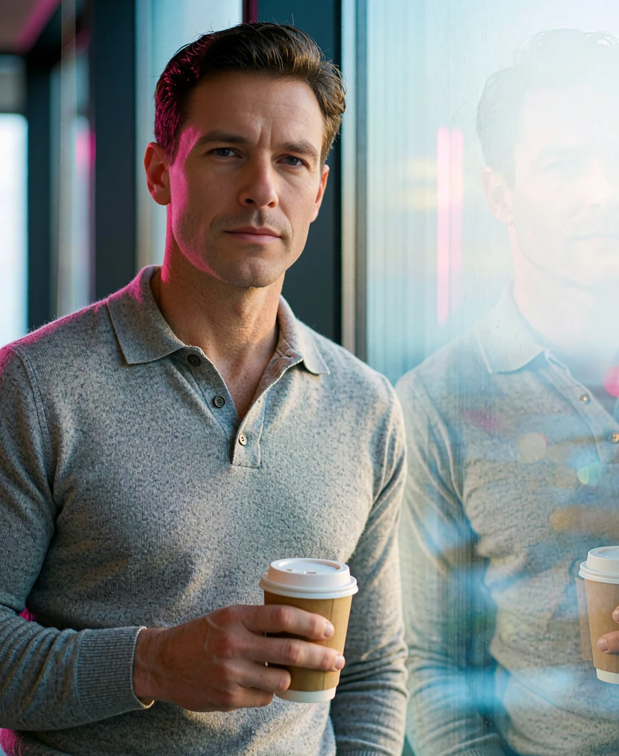 Focused man in a grey knit sweater standing beside a floor-to-ceiling office window with daylight behind him