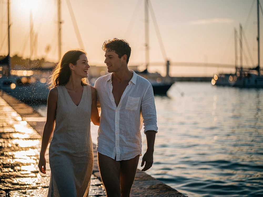 Couple walking together along a Boston harbor promenade at golden hour
