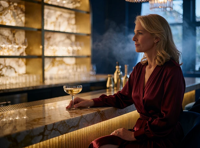Elegant woman in a wine-red dress at a marble cocktail bar meeting a companion in a busy public venue