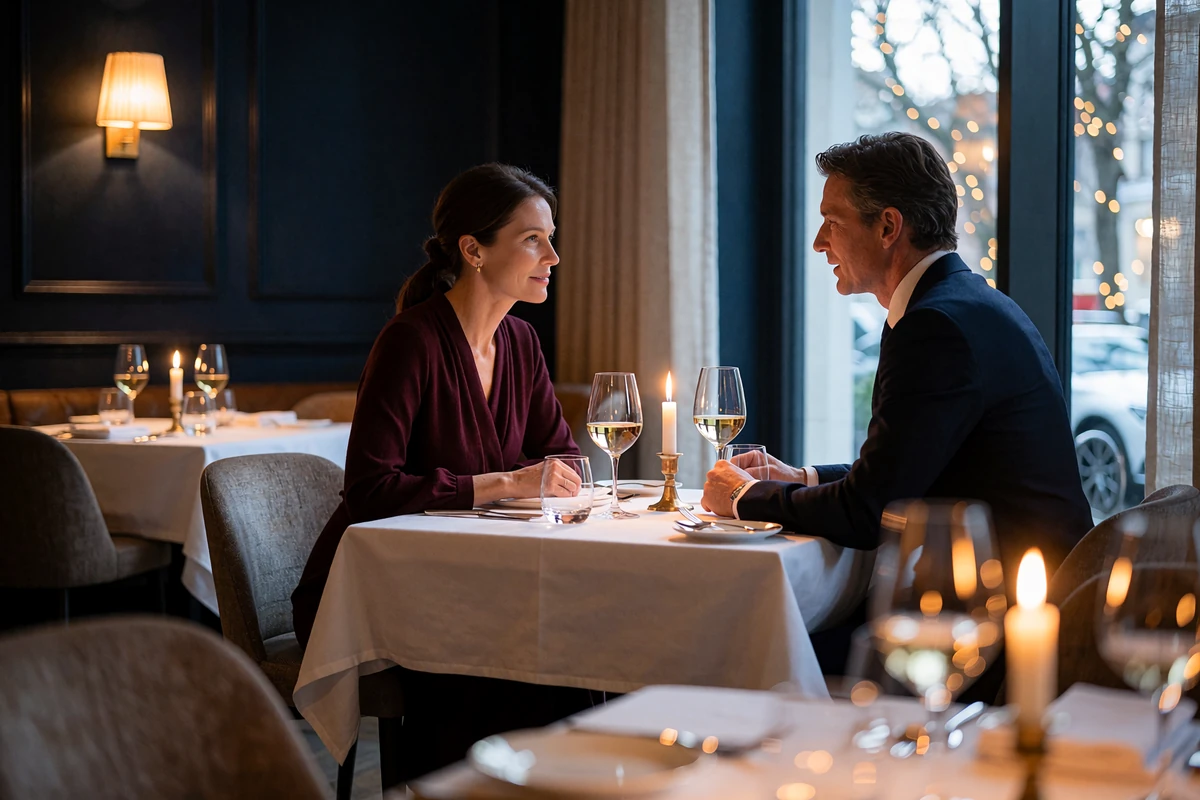 Couple seated across a candlelit table with wine glasses in an upscale River Oaks restaurant in Houston
