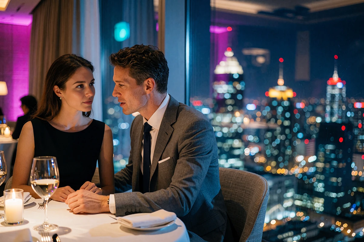Couple seated at a window table in a high-rise Chicago restaurant with a field of lit towers visible outside