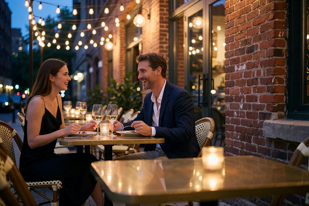 Couple laughing over dinner at an outdoor patio table in the Pearl District of San Antonio at dusk