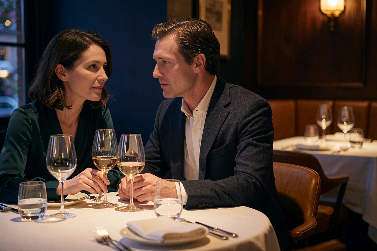 Woman in an emerald dress and man in a charcoal suit sharing a candlelit dinner in an upscale Dallas steakhouse