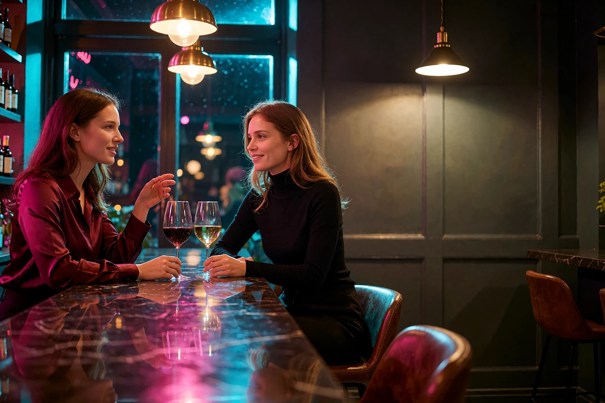 Two women in conversation at a narrow wine bar counter with glasses of wine, warm pendant lighting