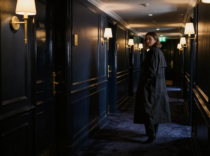 Woman in a charcoal trench coat glancing back while departing a dim hotel corridor after a discreet meeting