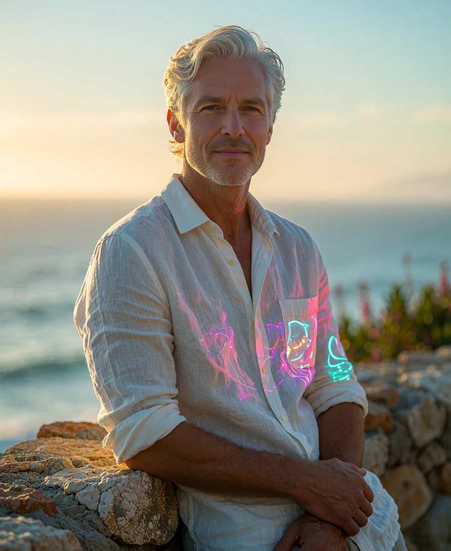 Poised silver-haired man in a linen shirt leaning against a stone wall on a coastal overlook at golden hour