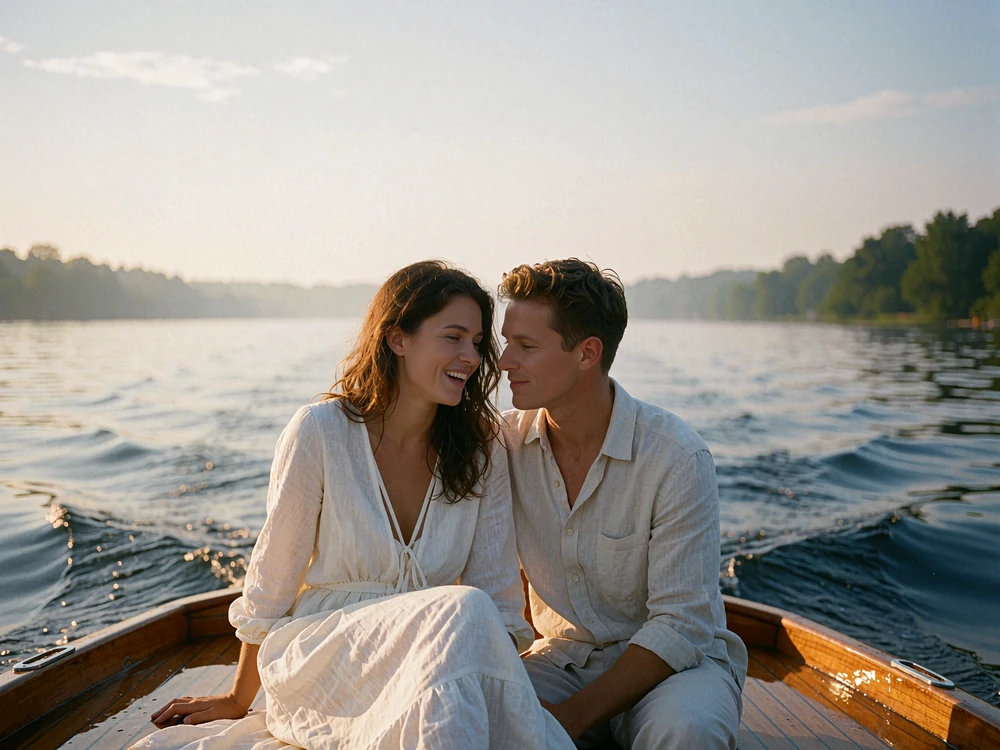 Relaxed couple sitting together on a boat deck on an inland lake near Atlanta in the late afternoon