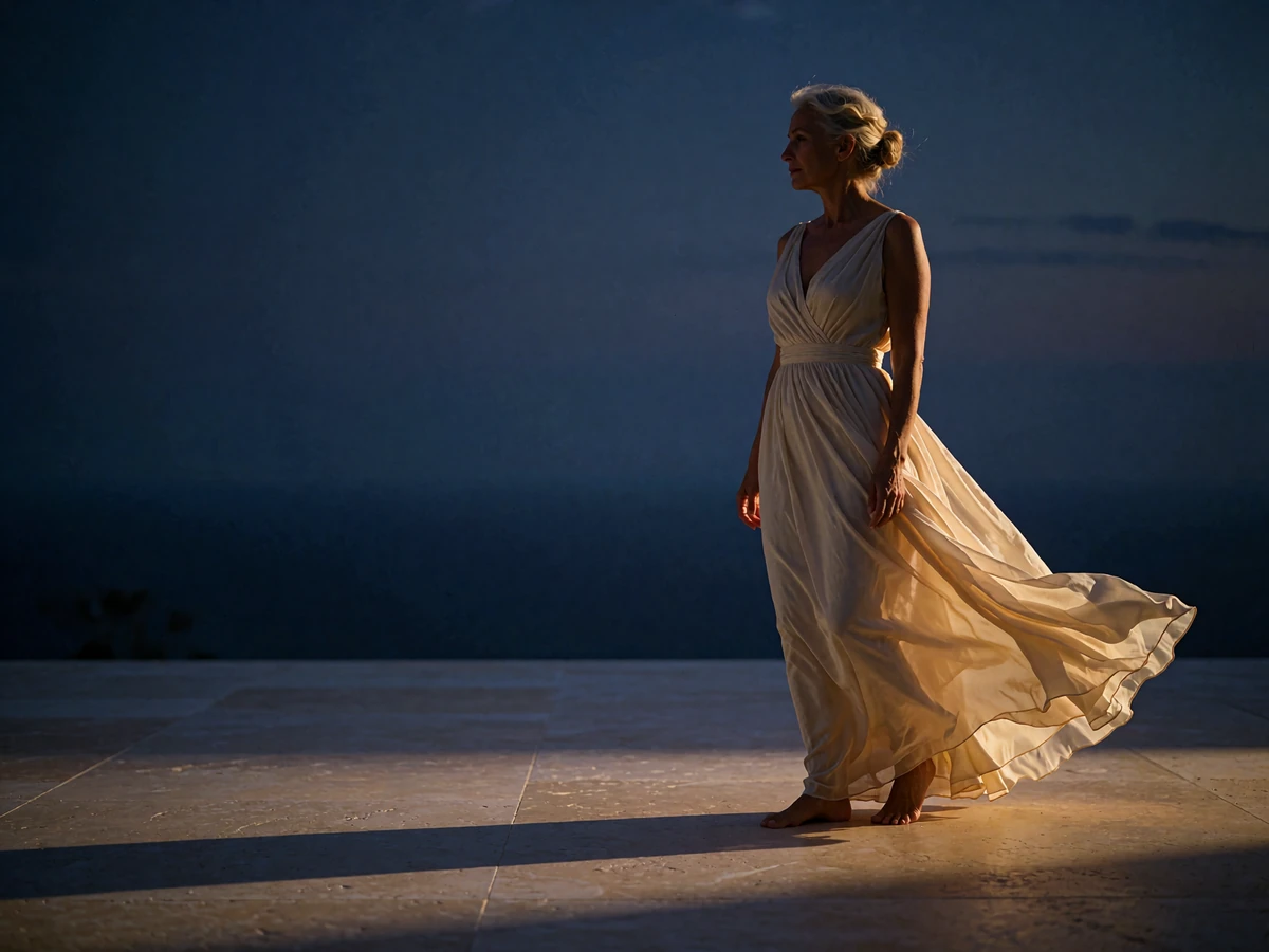 Elegant woman in a cream evening gown on an open desert-city terrace at dusk with a hazy indigo horizon