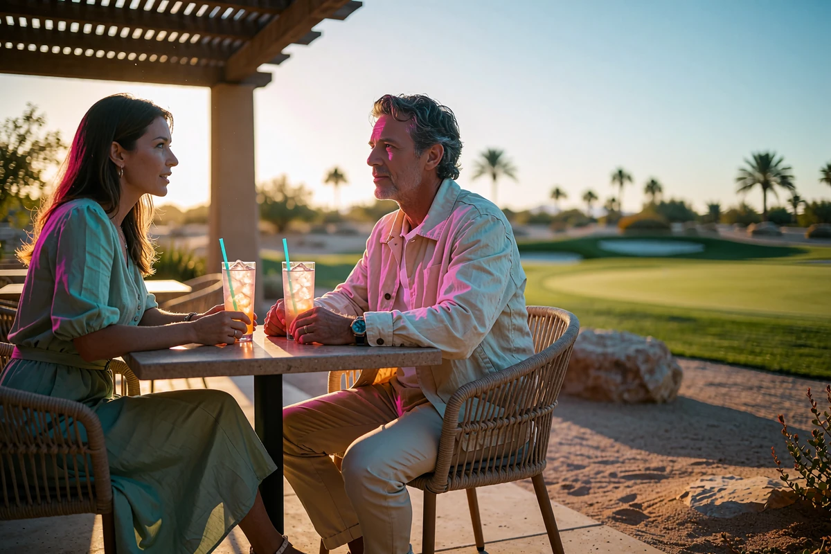 Couple seated across a table on a shaded clubhouse veranda overlooking a desert golf course in Phoenix