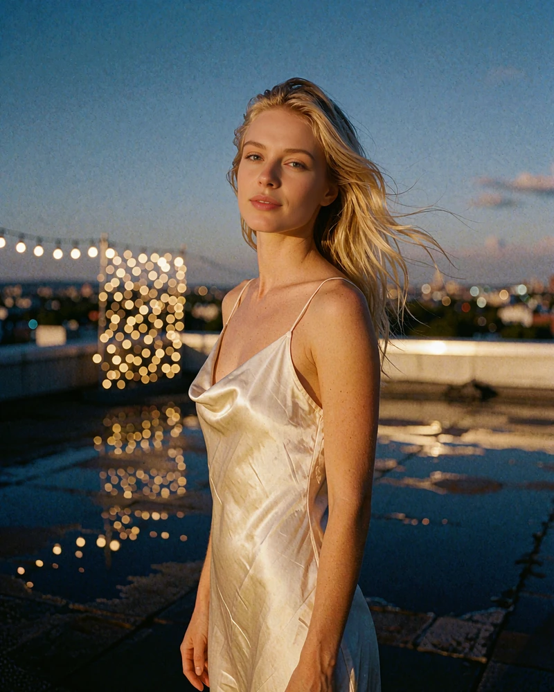 Blonde woman in a cream slip dress standing on a Nashville rooftop terrace at dusk