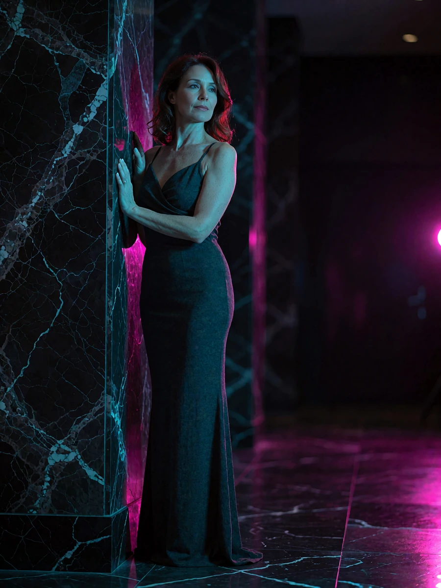 Auburn-haired woman in a charcoal evening gown standing beside a marble column in a hotel lobby at night