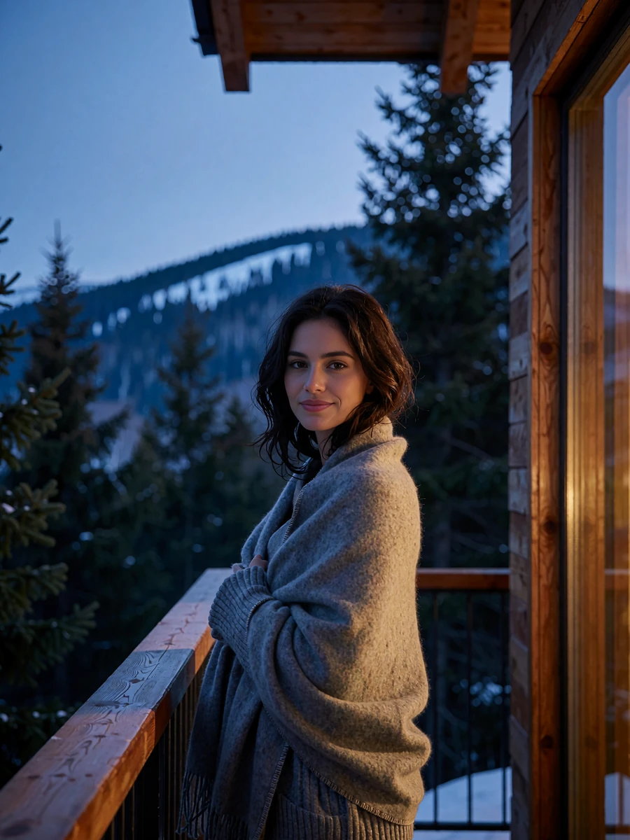 Woman with dark wavy hair wrapped in a grey shawl on the balcony of a mountain lodge near Denver at dusk