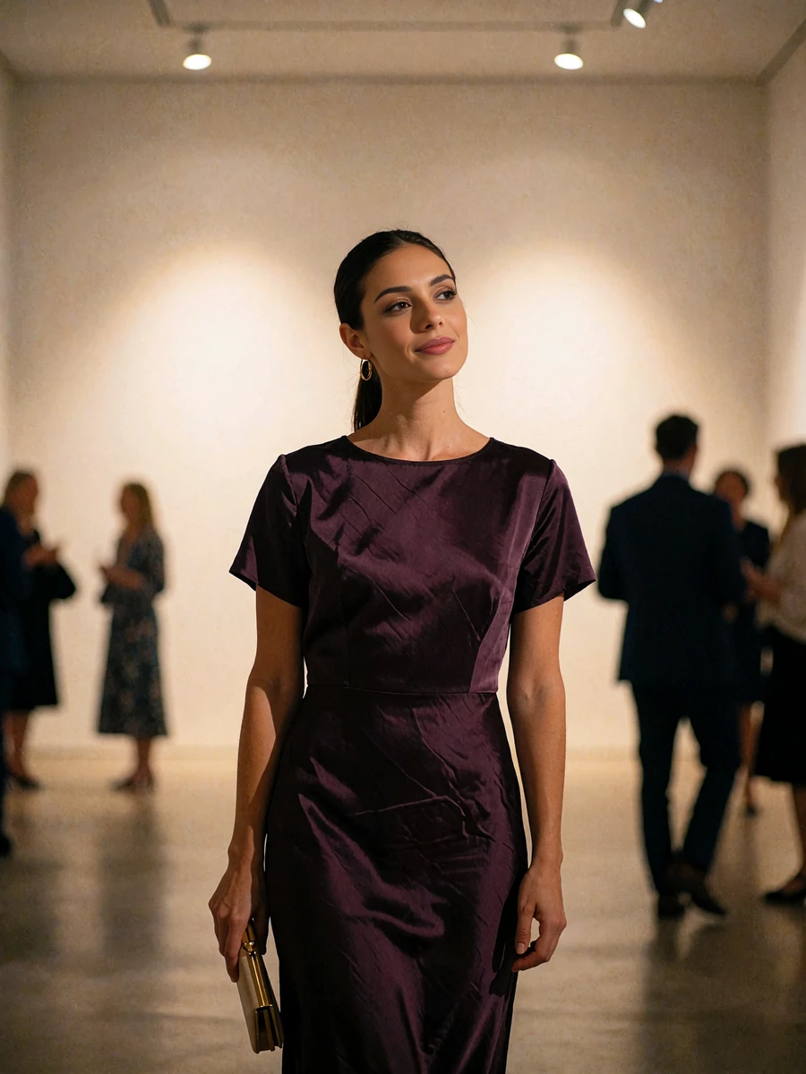Woman with a sleek dark ponytail in a plum satin dress at an evening gallery event in Denver