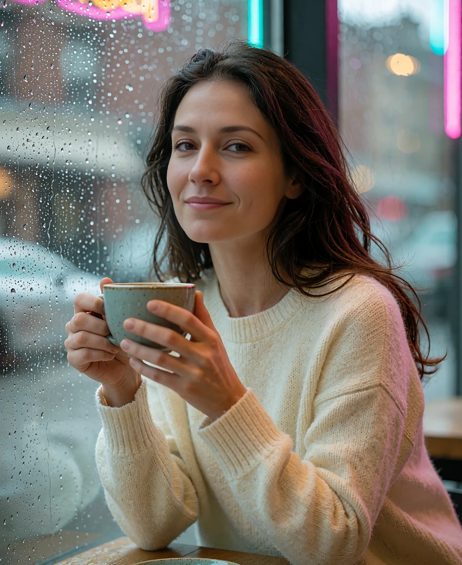 Woman with long dark-brown hair holding a ceramic cup by a rain-streaked café window in Seattle