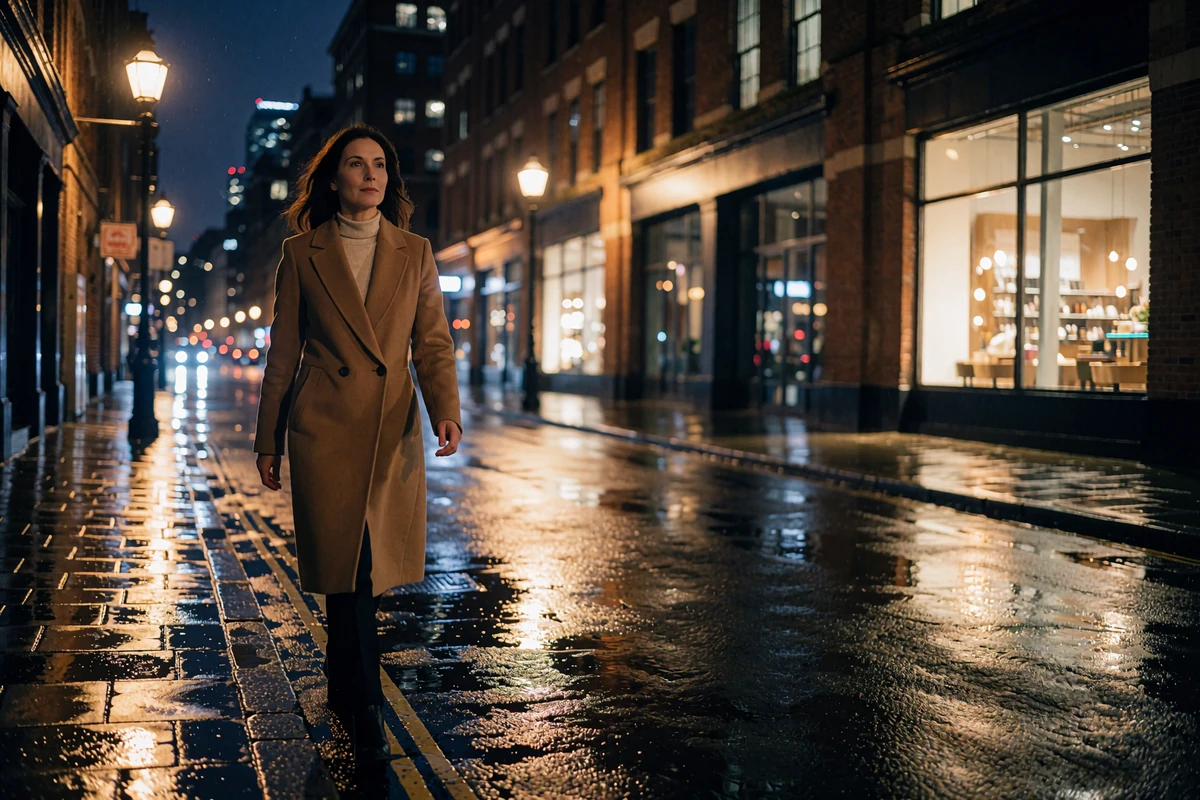 Elegant woman in a tailored camel coat walking a rain-slicked street in The Gulch neighborhood of Nashville at night